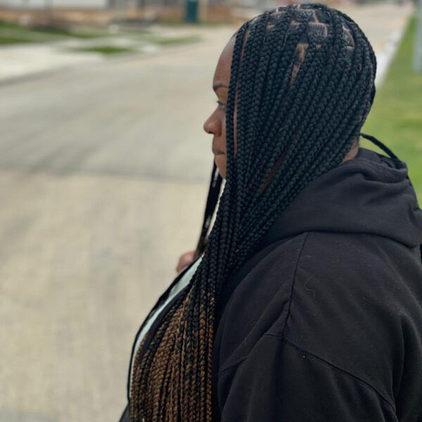 Medium Knotless with bottom curls near me Richmond TX, hair braiding near me, hair salon near me, african braiding shop near me