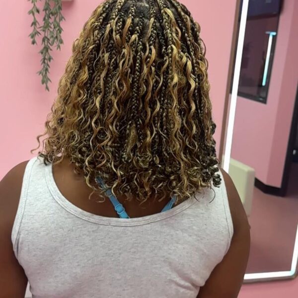 Shoulder length boho goddess Knotless braids near me Richmond TX, african braiding shop near me, braid salon near me